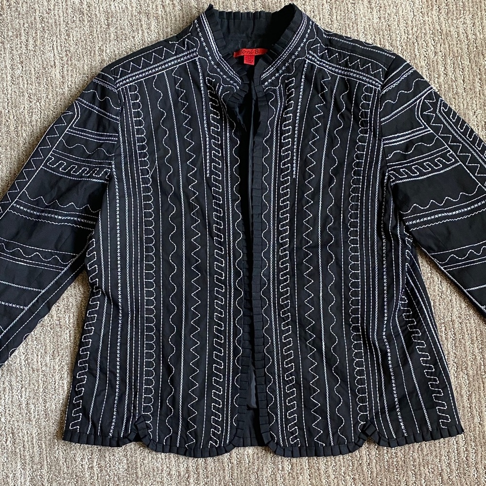 100% Cotton Black Embroidered Ruffle-Trim Jacket Blazer